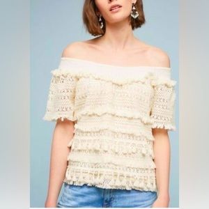 LOVE SAM Anthropologie Fringe Crochet Off Shoulder Top - XS